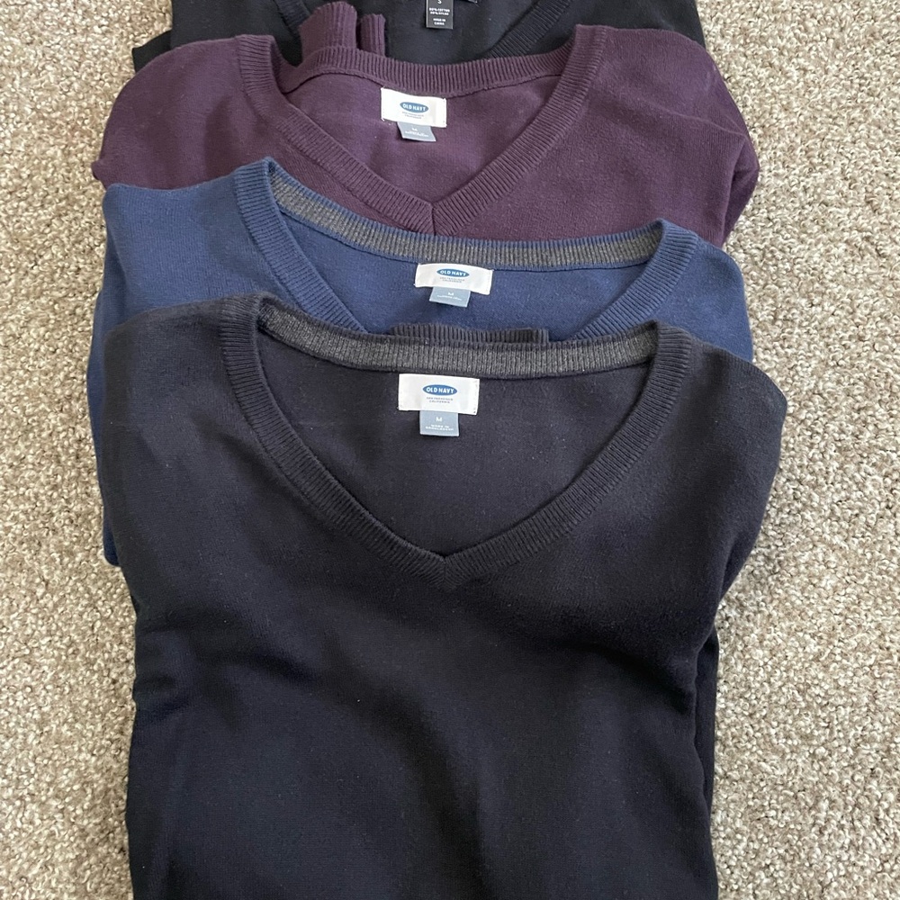 Four Old Navy V-Neck Sweater in Black, Purple, and Blue